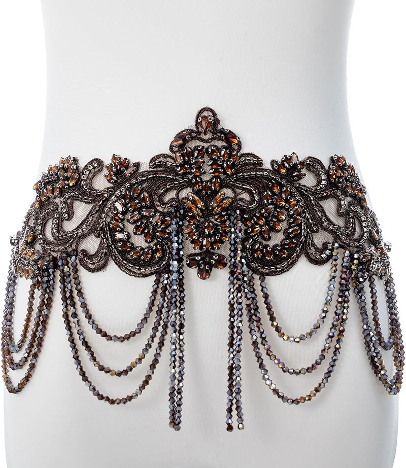 amusediy Brown Beaded Rhinestones Applique Embellishment for Clothes,Epaulettes Shoulder Patches Sew-on Diamond Sequin Applique for Wedding Dress DIY Accessories Belt Waist Decoration - Image 3